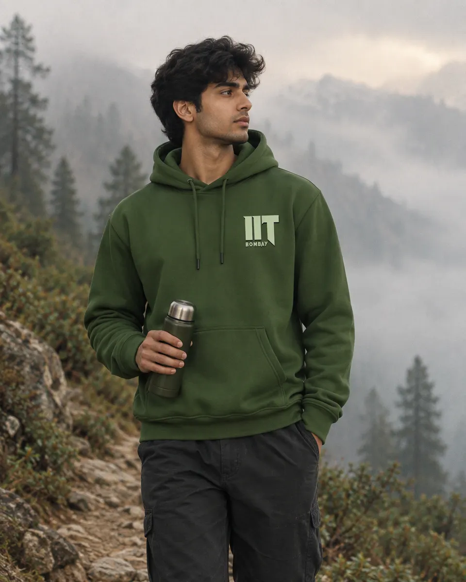 Student on a misty hill path in the Forest Guardian hoodie