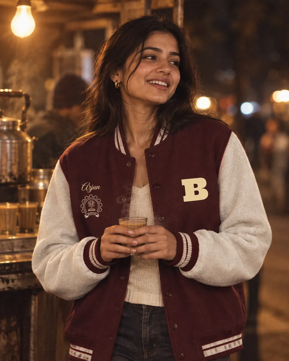 Student holding a glass of chai at a night stall, wearing the Batch Custom Varsity jacket